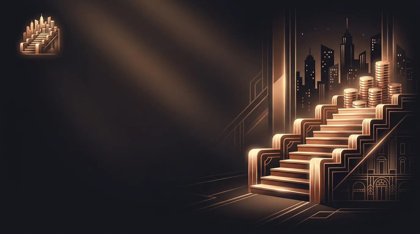 Dark anthracite hero banner with copper Art Deco staircase, coin stacks and city skyline silhouette for Bizzo Casino independ